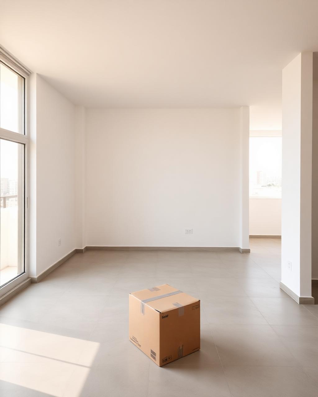 Empty new-build apartment with bare walls and a single box